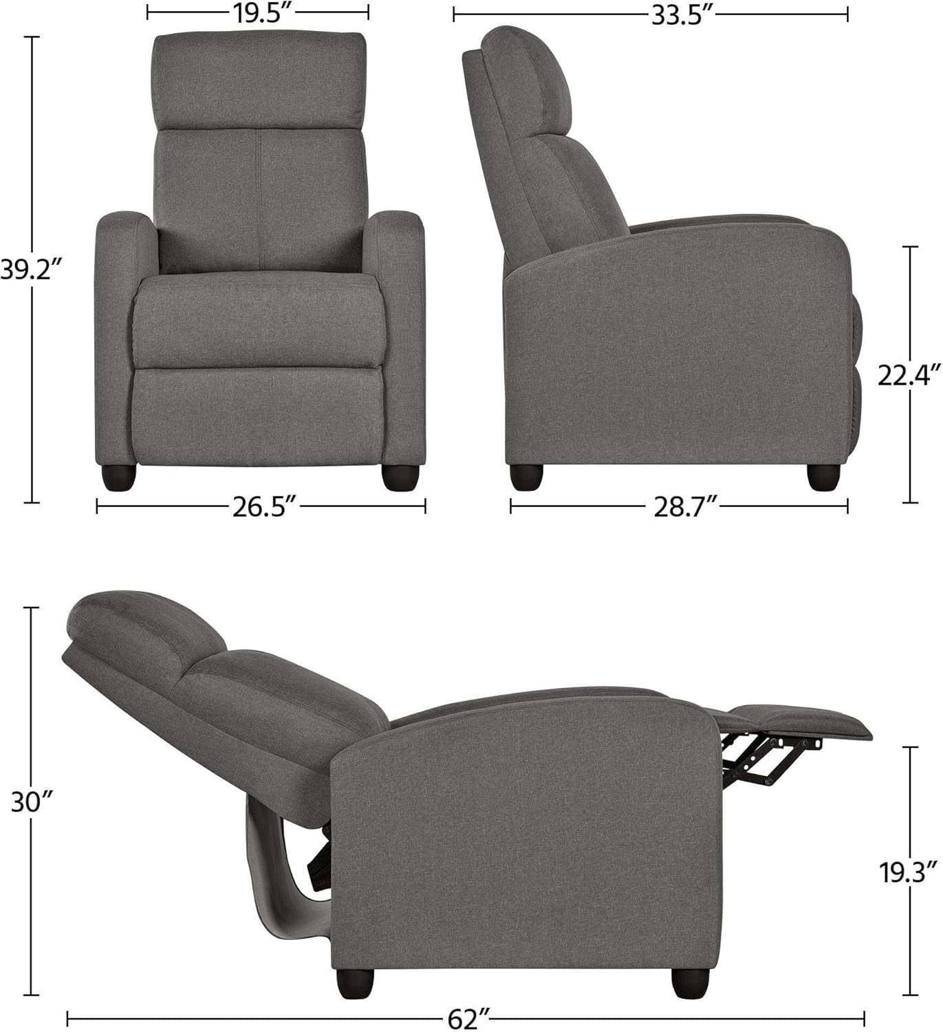 Fabric Recliner Chair Set of 2, Upholstered Reclining Sofa Chair with Pocket Springs for Living Room, Home Theater Seating with Thicker Seat Cushion, Gray