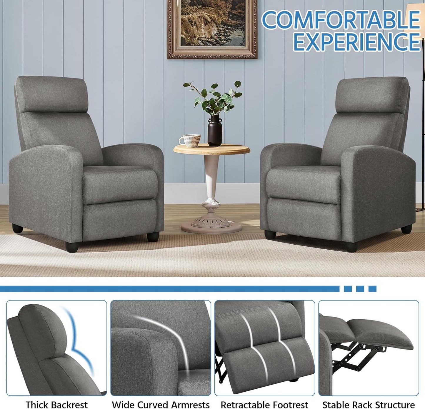 Fabric Recliner Chair Set of 2, Upholstered Reclining Sofa Chair with Pocket Springs for Living Room, Home Theater Seating with Thicker Seat Cushion, Gray