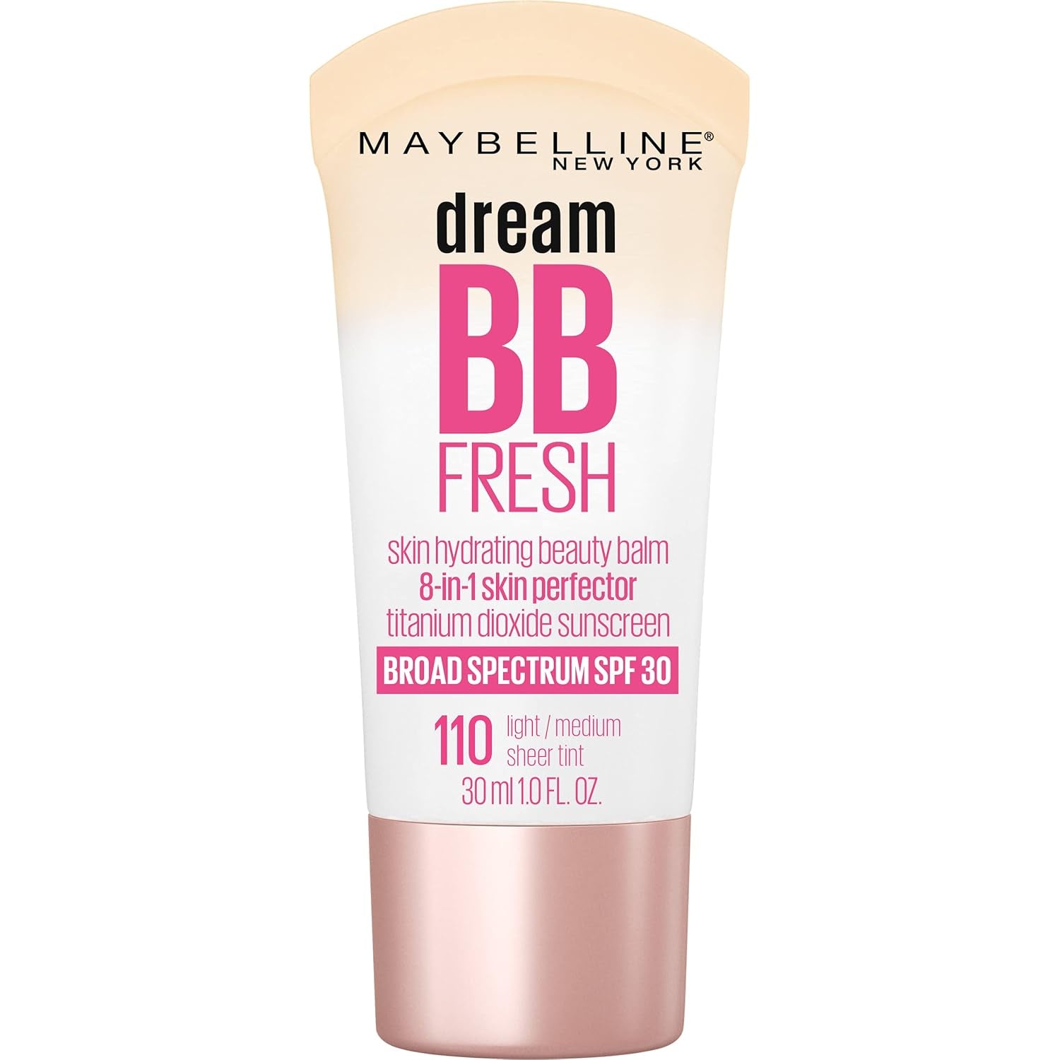 Maybelline Dream Fresh Skin Hydrating BB Cream, 8-In-1 Skin Perfecting Beauty Balm with Broad Spectrum SPF 30, Sheer Tint Coverage, Oil-Free, Light/Medium, 1 Fl Oz